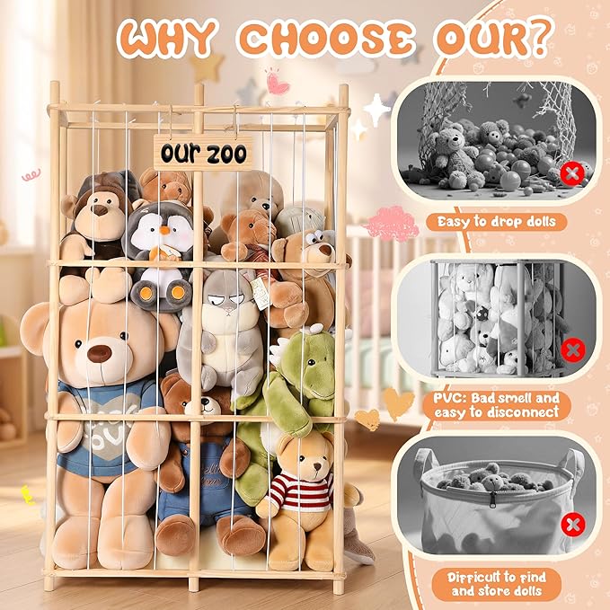 LAMU Stuffed Animal Storage, Wooden Zoo Stuffed Animal Holder with Elastic Cords, Space Save Plush Toy Cage, Double Capacity 