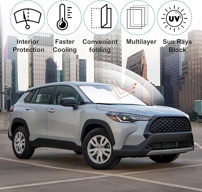 Front Windshield Sun Shade Foldable Car Front Window Sun Shade Windshield Shade Custom Fit for 2022-2026 Toyota Corolla Cross Block UV Rays Accessories Heat Keep Cooler