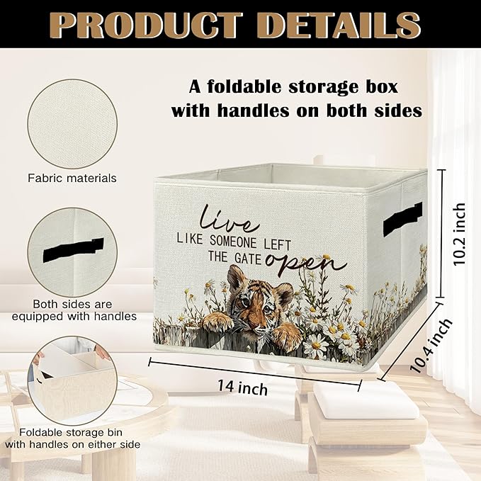 Rustic Tiger Storage Bins & Boxes with Handles, Farmhouse Tiger Foldable Basket for Organizing, Live Like Someone Left the Ga