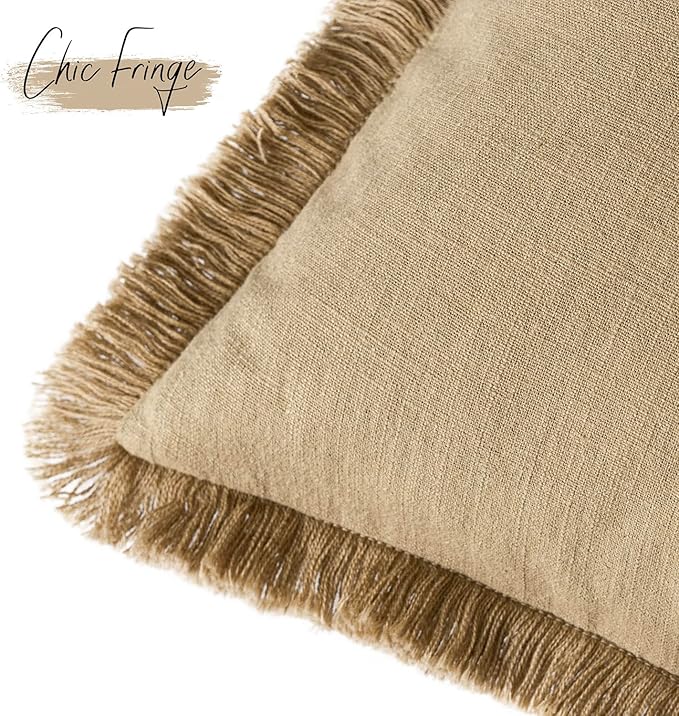 Foindtower Set of 2 Decorative Linen Fringe Throw Pillow Covers Boho Farmhouse Cushion Cover with Tassels Soft Accent Pillowc