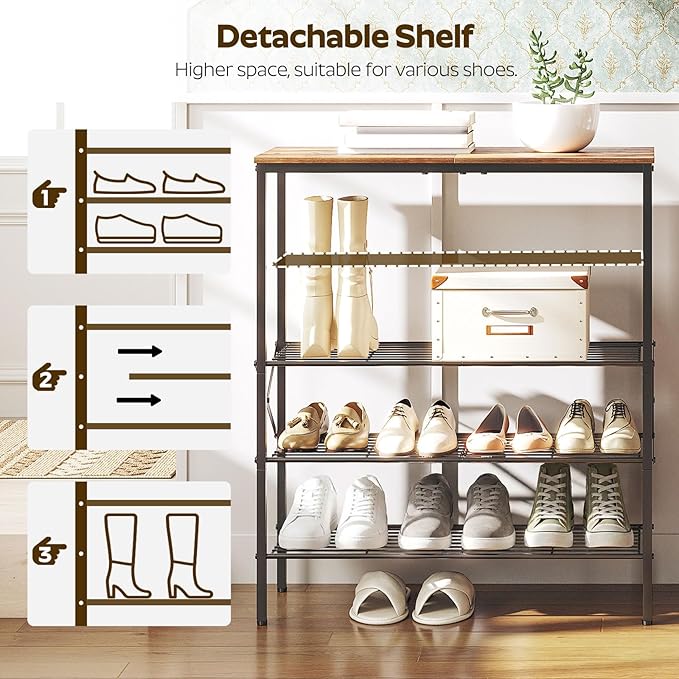 YATINEY 5-Tier Shoe Rack, Shoe Storage for Entryway and Closet, Free Standing Shoe Organizer with Metal Mesh Shelves, 16-20 P
