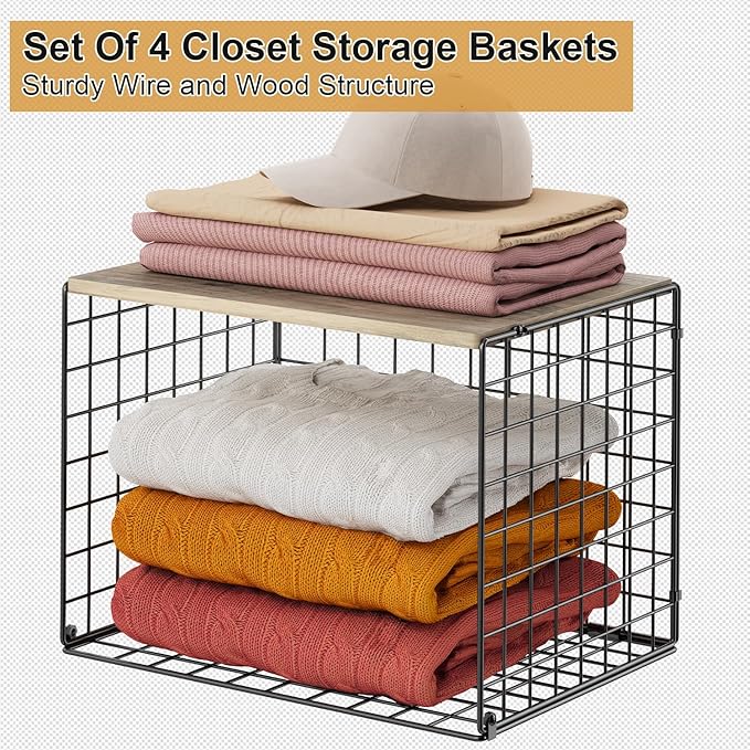 4PCS Wider Closet Organizers and Storage, Stackable Closet Shelf Organizer Storage Bins with Wood Top for Sweaters Jeans, Clo