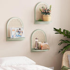 Rattan Wall Shelf Set of 3, 7''Green Rattan Shelves with Wicker Decor, Boho Decor Small Floating Shelves for Wall, Arched She