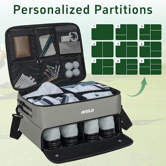ANILD Golf Trunk Organizer, 2 Layer Golf Storage Case with Separate Ventilated Compartment for 2 Pair Shoes, for Balls, Tees,