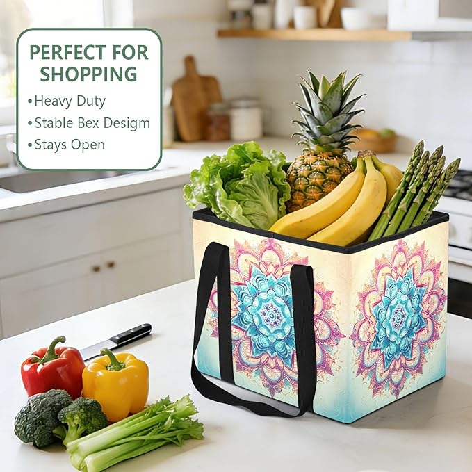 Mandala Reusable Grocery Bags Large Shopping Tote Bag with Reinforced Bottom Board, Water Resistant Foldable Storage Bags for