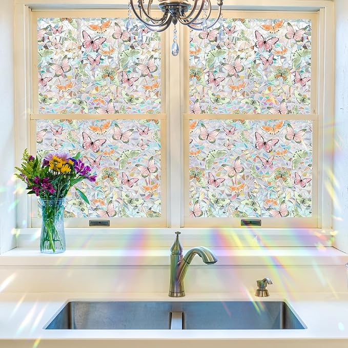Butterfly Stained Glass Privacy Window Film Decorative, Summer Rainbow Window Stickers Sunroof Decal for Car Glass Door Moonroof Heat Control Non-Adhesive, 16.9" x 39.4"