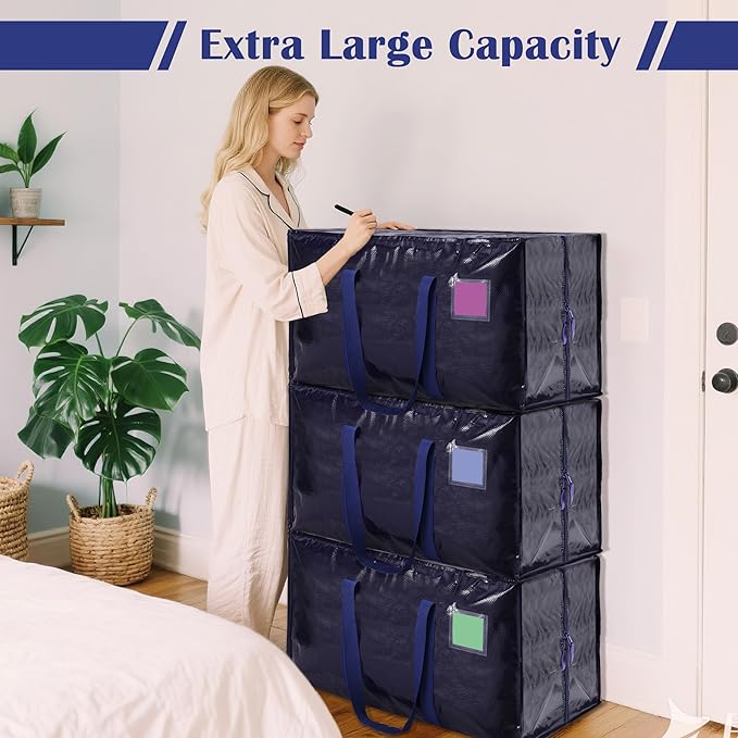 6 Pack Moving Bags with Full-Open Side Zipper, Extra Large 93L Heavy Duty Waterproof Foldable Storage Totes for College Dorm,