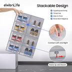 eWonLife Large Shoe Organizer Storage Box with Magnetic Door,12 Pack Clear Plastic Stackable Sneaker Containers for Closet, C
