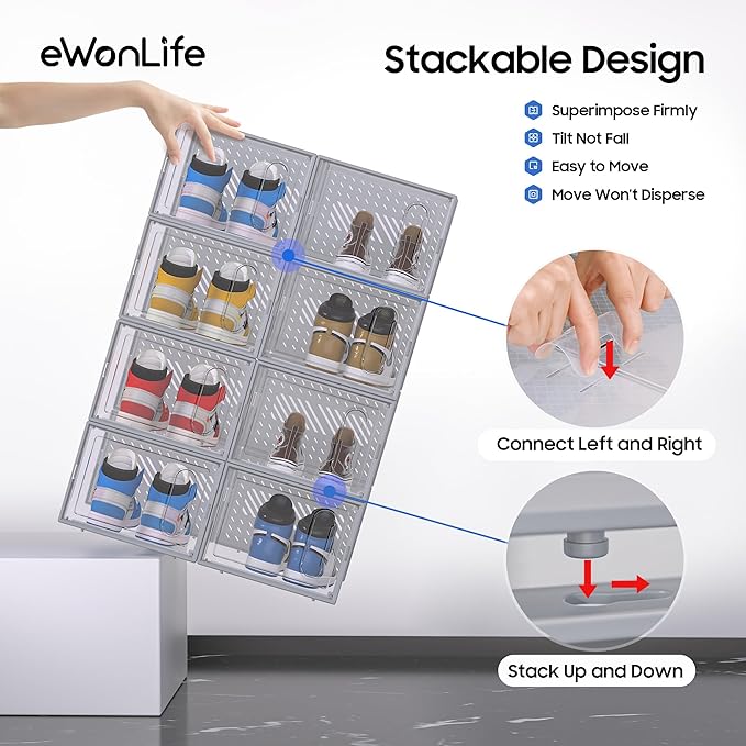 eWonLife Large Shoe Organizer Storage Box with Magnetic Door,12 Pack Clear Plastic Stackable Sneaker Containers for Closet, C