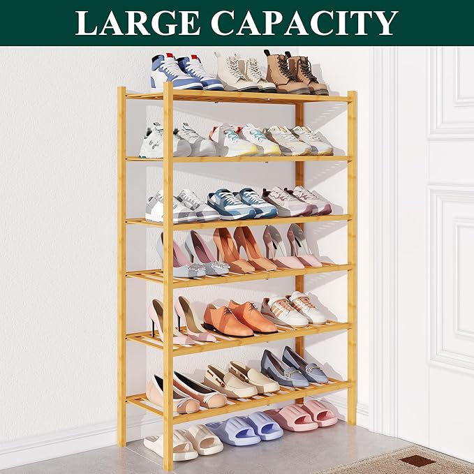 Smiry Bamboo Shoe Rack for Closet, 6 Tier Wooden Stackable Shoe Organizer, Free Standing Shoes Storage Shelf for Entryway, Fr
