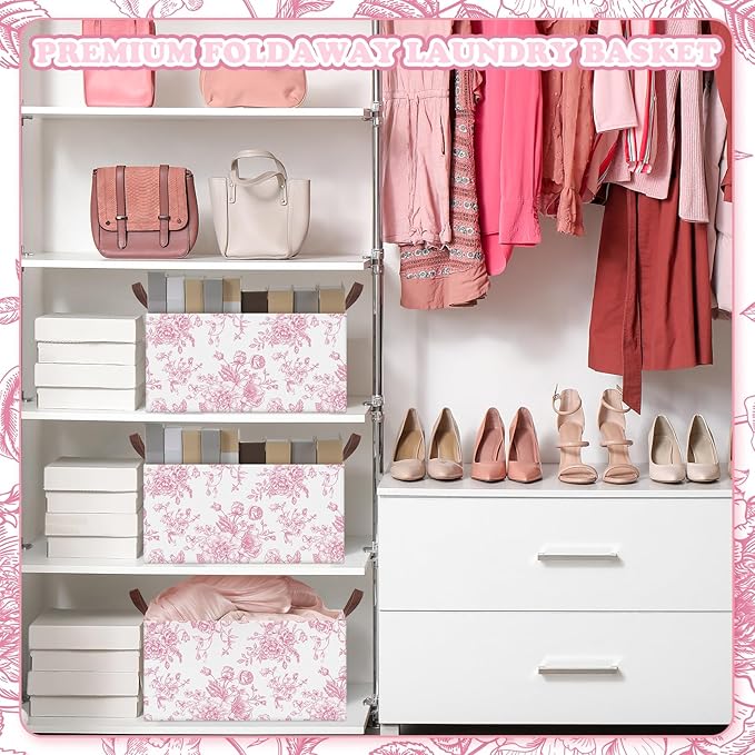 Boao 3 Pcs Pink Floral Foldable Storage Baskets Pink Hydrangea Laundry Basket with Handles Waterproof Storage Bins Fabric She