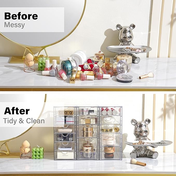 Prsildan Acrylic Drawer Organizer with 15 Drawers, Makeup Craft Office Desk Organizers Accessories, Set of 3 Clear Stackable 