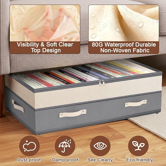 Dolicer 4 Pack 92L Under Bed Storage with Wheels, 6in-10in Height Adjustable Underbed Storage Containers (Grey & Green)