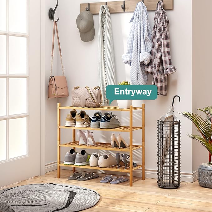 viewcare 4-Tier Bamboo Shoe Rack for Entryway, Stackable | Foldable | Natural, Shoe Organizer for Hallway Closet, Free Standi
