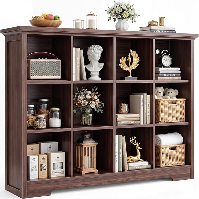Aheaplus Wooden 12-Cube Storage Organizer with Charging Ports, Modern Cube Bookcase with Base, 4-Tier Floor Standing Open Cub