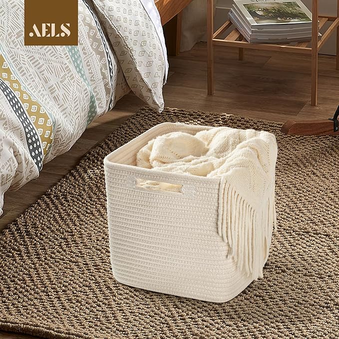 AELS Hand Woven Cotton Basket for Storage, Cube Storage Bins with Handles, Foldable Collapsible Closet Organizers and Storage