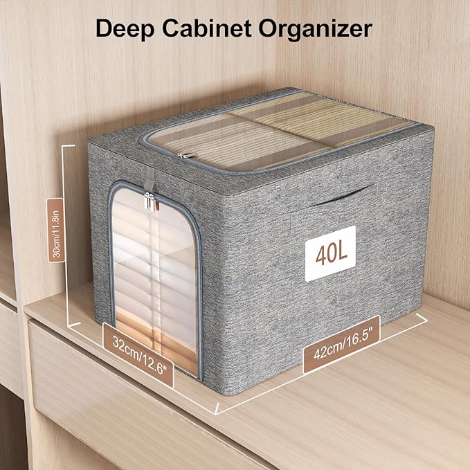 GoMaihe Clothes Storage Bin with Metal Frame: 4-Pack Stackable Closet Storage Bin with Lid & Clear Window, Sweater Boxes Stor