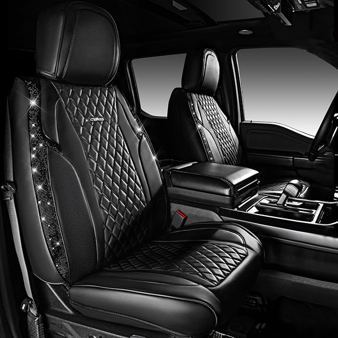 CAR PASS Nappa Leather Seat Covers Front,Black Diamond Bling Car Seat Covers Front Seats Luxury Padded Waterproof,Universal F