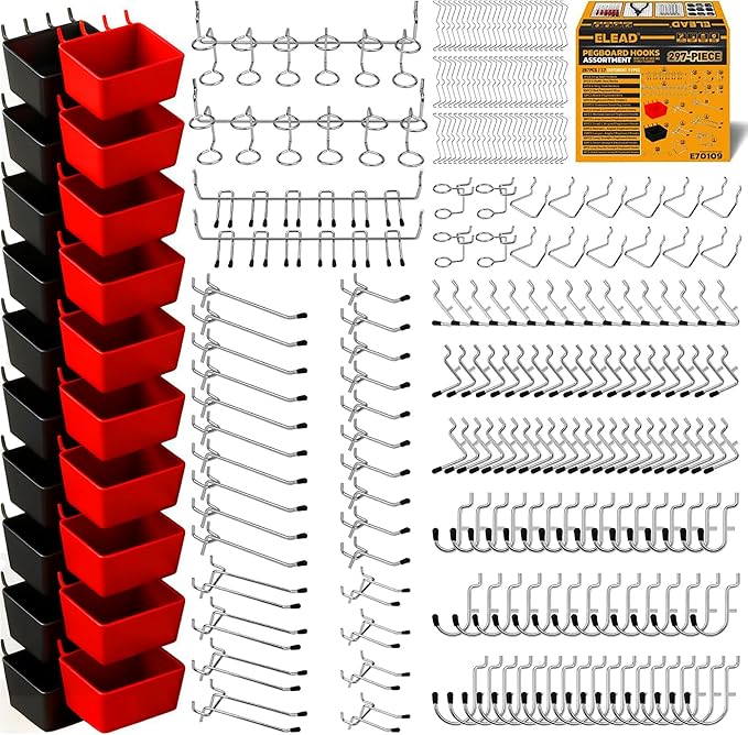 ELEAD 297 Piece Pegboard Hooks Kit, Peg Board Organizer Accessories with Bins for Organizing Various Tools, Fit 1/8 or 1/4 in