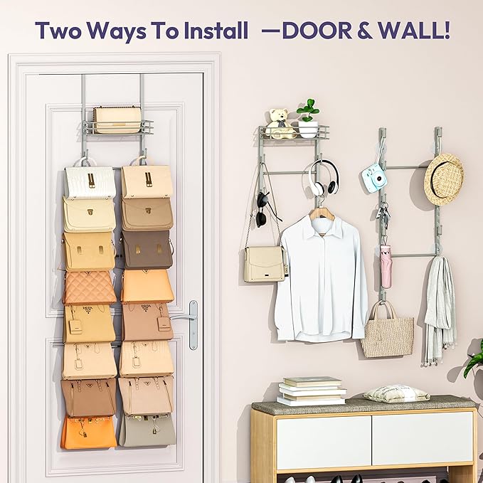 SWTYMIKI Over The Door Purse Organizer - Wall Mounted Handbag Organizer with 16 Hooks and Metal Basket, Hanging Purse Storage