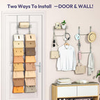 SWTYMIKI Over The Door Purse Organizer - Wall Mounted Handbag Organizer with 16 Hooks and Metal Basket, Hanging Purse Storage