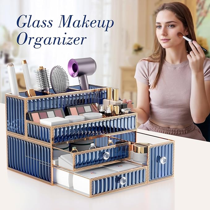 Makeup Organizer Blue - Tempered Glass Vanity Organizer for Cosmetics, Skincare, Hair Tools, Brushes, Perfume - Multipurpose 