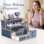 Makeup Organizer Blue - Tempered Glass Vanity Organizer for Cosmetics, Skincare, Hair Tools, Brushes, Perfume - Multipurpose 