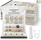 Vacuum Seal Bags for Clothing: 9 Pack Small Travel Vacuum Bags for Luggage with Rechargeable Electric Pump - Space Saver for 
