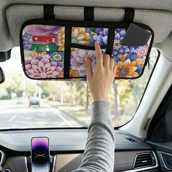 Boho Flower Car Visor Organizer for Women Auto Interior Accessories Car Storage with Card Holders Multi-Pocket Visor Organizer Storage for Car/SUV/Truck with Pockets Easy to Clean