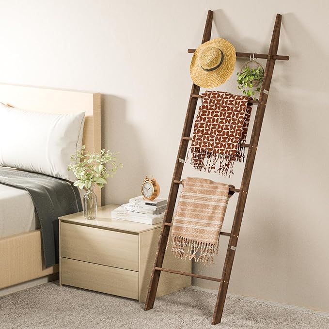 Farmhouse Wooden Blanket Ladder with Removable Hooks, 6-Tier Rustic Blanket Rack Decorative Stand, Leaning Towel Quilt Rack H