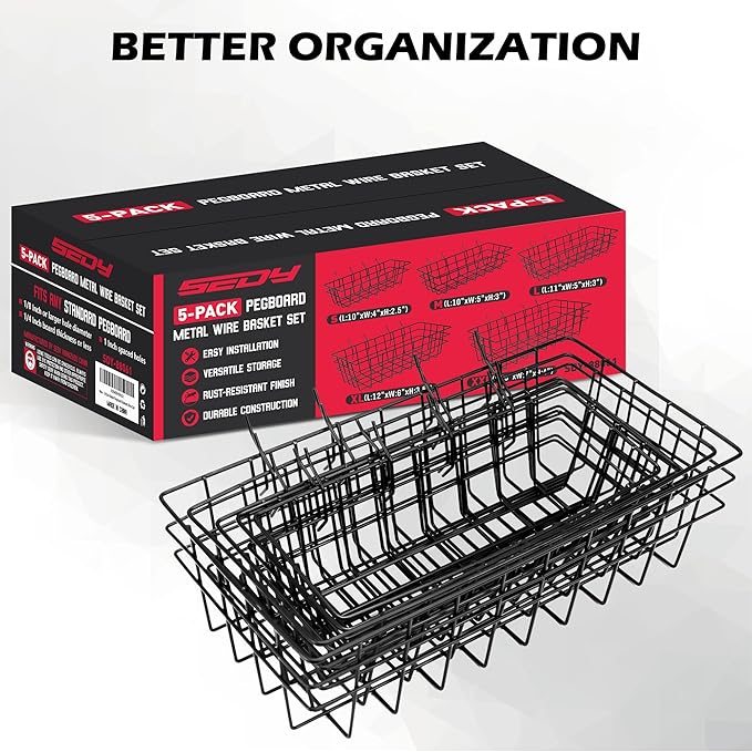 5-Piece Pegboard Baskets Set - Heavy Duty Peg Board Organizer Accessories Bin Set, Premium Black Metal Wire Baskets Tool Shel