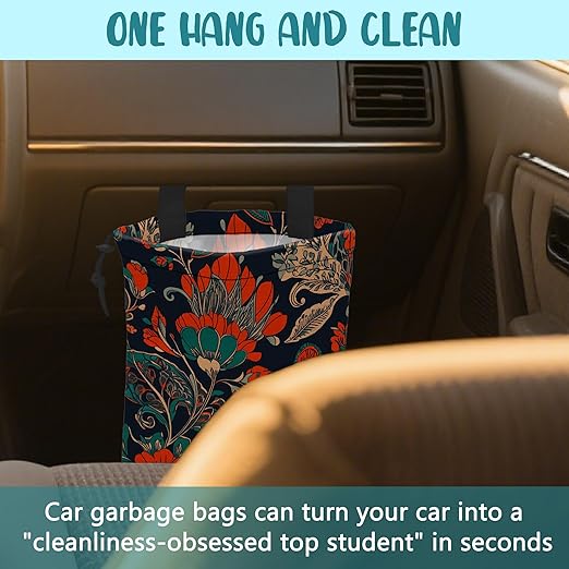 Car Garbage Bag Abstract Red and Green Flowers Hanging Canvas Car Trash Bag Drawstring Car Back Seat Organizer for Car Back Front Seat Console with Adjustable Buckle