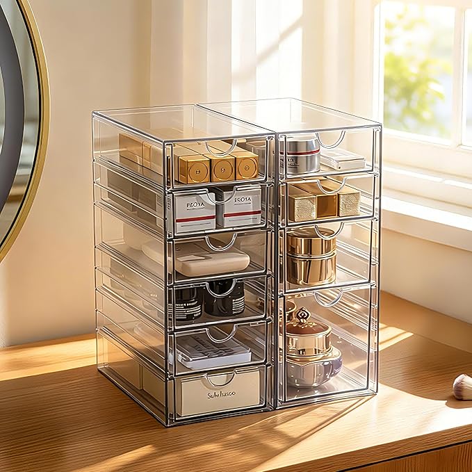 Prsildan Acrylic Drawer Makeup Organizer with 10 Drawers, Set of 2 Office Desk Organizers Accessories, Clear Stackable Storag