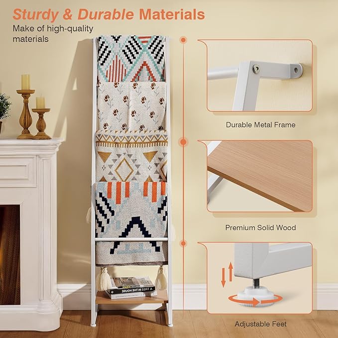 DGWJSU Blanket Ladder, 5 Tier Ladder Shelf,Wooden Blanket Ladders for Living Room and Bedroom, 5.2ft Blanket Holder Rack Farm