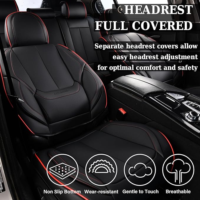 Coverado Car Seat Covers Full Set, Seat Covers for Cars, Black Car Seat Protector Waterproof, Nappa Leather Car Seat Cushion,
