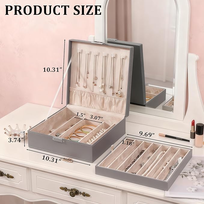 BEWISHOME Jewelry Boxes for Women, 2-Layer Necklace Organizer Box, Modern Style Jewelry Organizers and Storage with Removable
