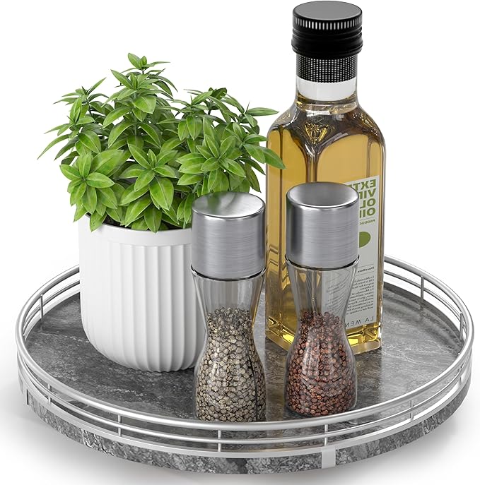 Gray Marble Lazy Susan Turntable for Table Top – 10” Round Marble Tray Organizer for Dining Table, Kitchen Countertop & Bar, 