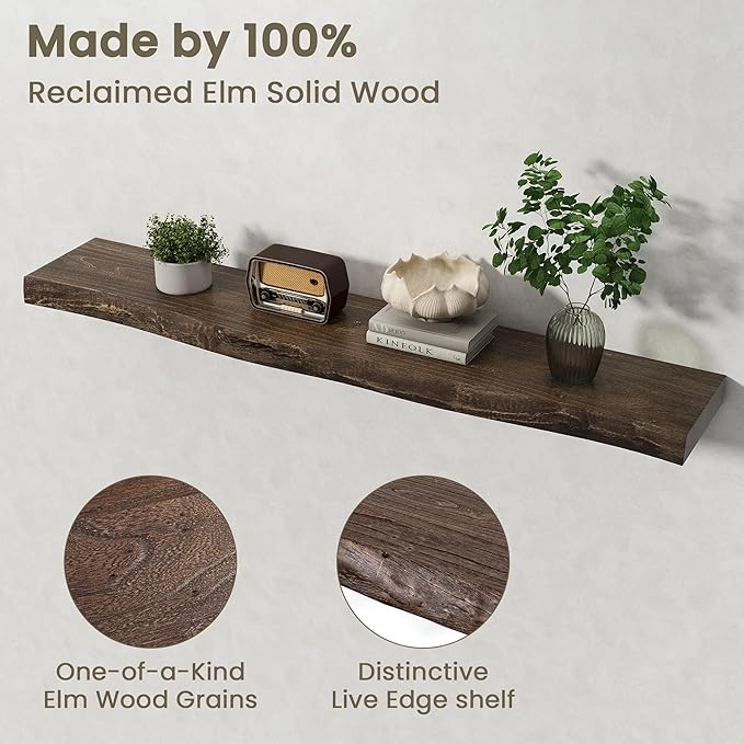 Fun Memories Floating Shelves for Wall Decor Set of 1-48 Inch Solid Elm Wood Live Edge - Rustic Walnut Wall Shelves with Invi