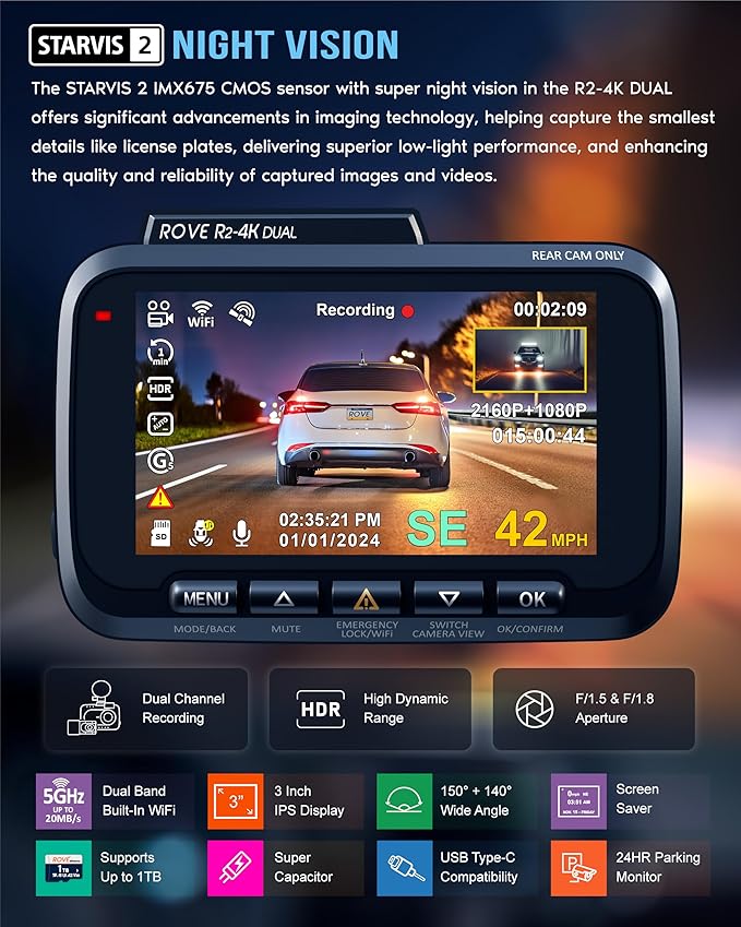 ROVE R2-4K DUAL Dash Cam Front and Rear, STARVIS 2 Sensor, FREE 128GB Card Included, 5G WiFi - up to 20MB/s Fastest Download 