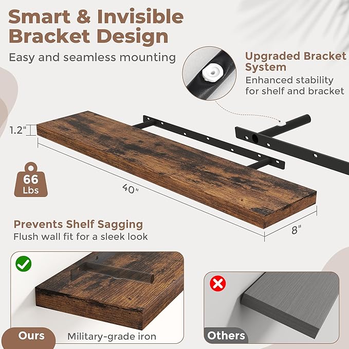 40 Inch Floating Shelves for Wall Set of 2, 8"D Wood Grain Bathroom Shelves with Invisible Brackets, Easy Install Engineered 