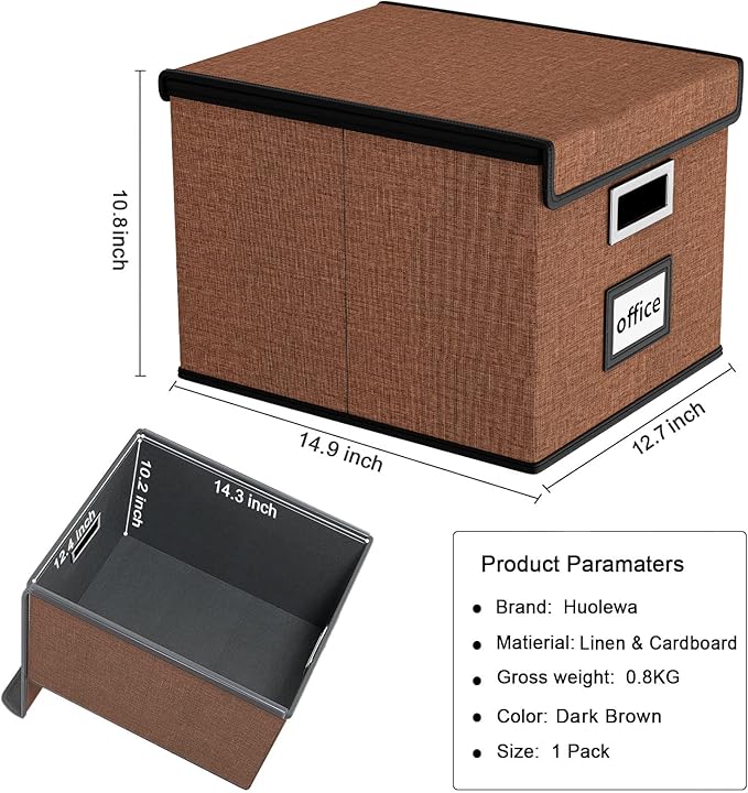 Huolewa Upgrade Portable File Organizer Box with Lid,Large Linen Hanging Office Document Storage Box with Lid,Collapsible Fil