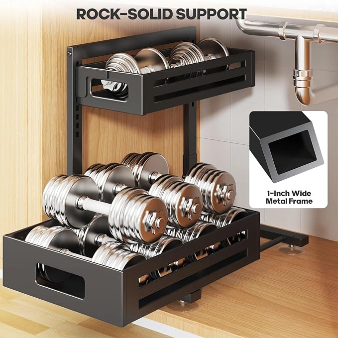 2 Pack Under Sink Organizer,Pull Out Cabinet Organizer with Smooth Cylindrical Rail,Metal Slide Out Drawer for Kitchen Bathro