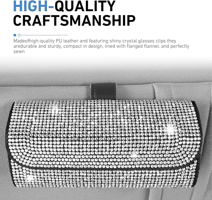 WZP Bling Sunglasses Holder for Car Sun Visor, Rhinestone Leather Eyeglasses Car Visor Clip Storage Glasses Organizer Case, Universal Vehicle Glasses Protective Storage Box for SUV Sedan Van (White)
