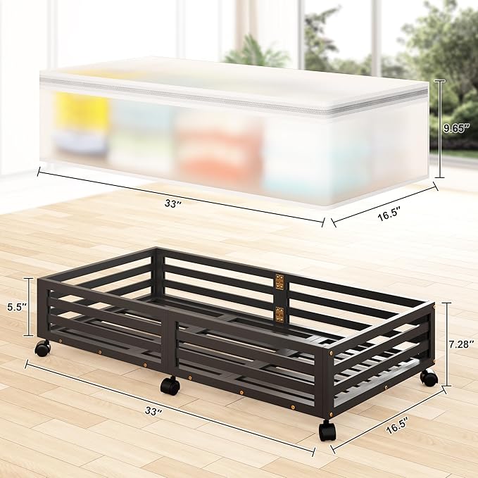Under Bed Storage Containers With Wheels - 2 Pcs Large Bamboo Wood Rolling Underbed Shoe Storage Bins With Dust Bags for Clot