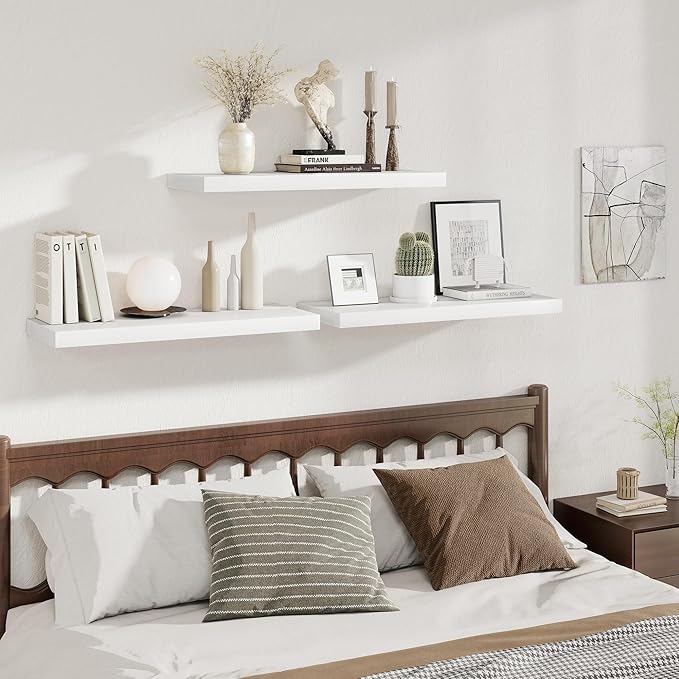 Fun Memories Deep Floating Shelves, 32W x 12D White Wall Shelves, 32 Long Rustic Wood Wide Storage Shelves for Bedroom, Kitch