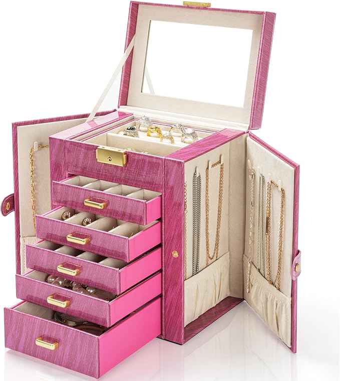AKOZLIN 6-Tier Jewelry Box Lockable Leather Jewelry Storage Case with 5 Drawers for Women Girls Ring Necklace Earring Bracele