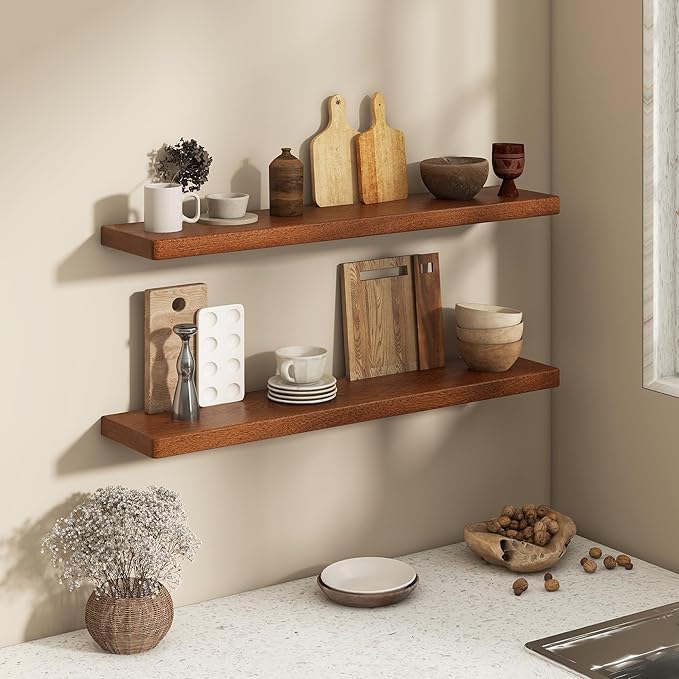 Fun Memories 40 Inch Floating Shelves, Rustic Solid Wood Wall Shelves Set of 2, 8 Inch Deep Floating Shelf for Bathroom, Bedr