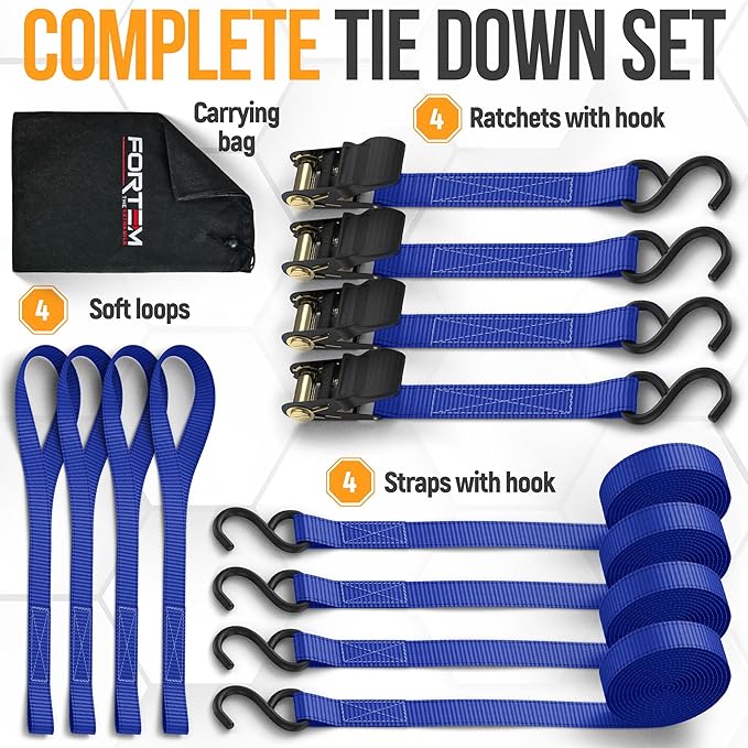 FORTEM Ratchet Straps, Tie Down Strap Set 1650lb Break Strength, 4 Pack 15ft x 1in, 4 Soft Loops, Moving Straps Tie Downs, Cargo Cam Buckles for Trucks, Carry Bag, for Men