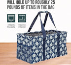 Extra Large Utility Tote Bag - Oversized Collapsible Reusable Wire Frame Rectangular Canvas Basket With Two Exterior Pockets For Beach, Pool, Laundry, Car Trunk, Storage - Navy Sunflower