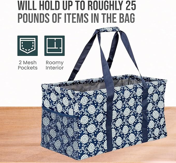 Extra Large Utility Tote Bag - Oversized Collapsible Reusable Wire Frame Rectangular Canvas Basket With Two Exterior Pockets For Beach, Pool, Laundry, Car Trunk, Storage - Navy Sunflower